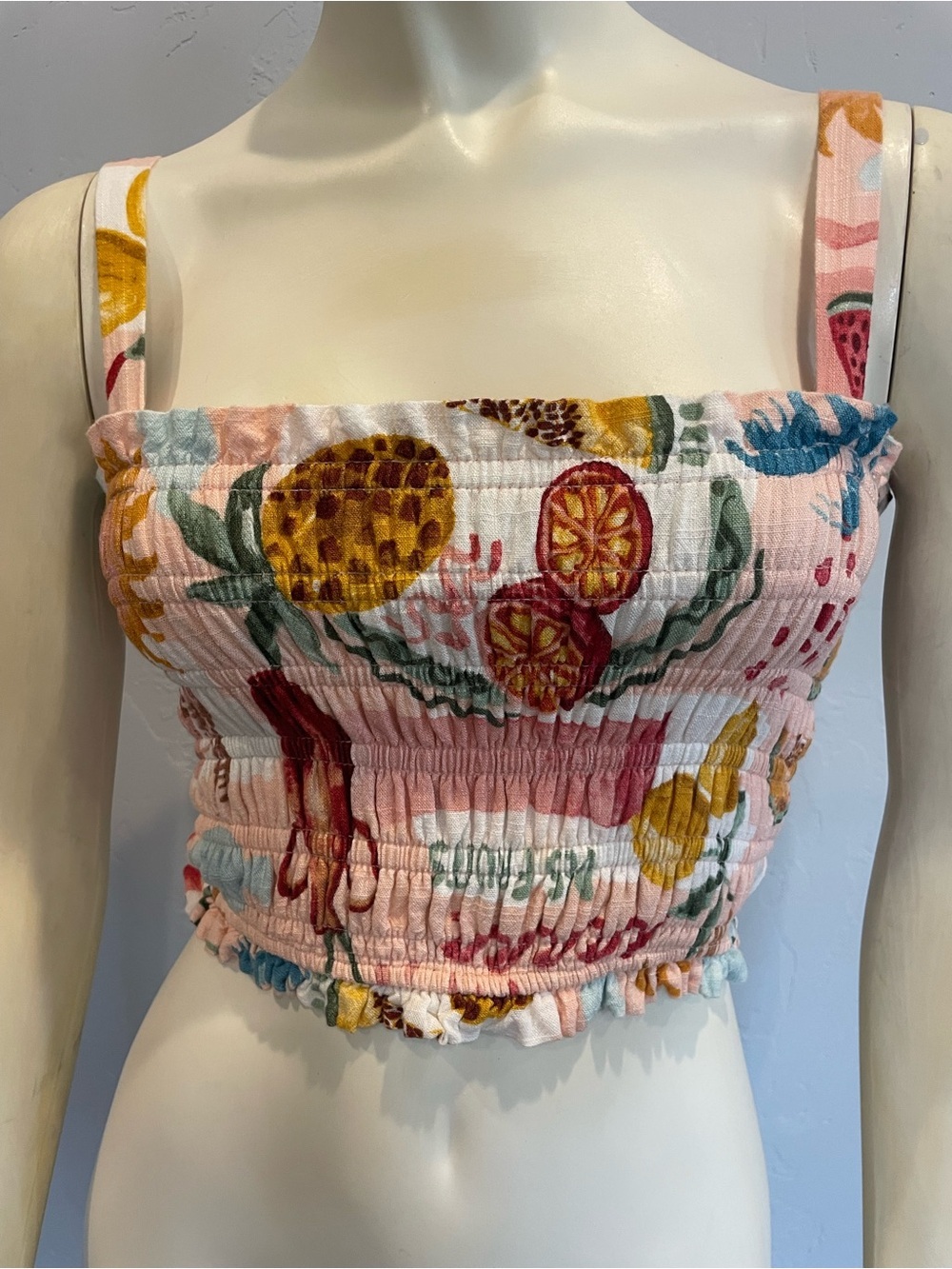 Paper hearts linen blend Smocked fruit print Crop Top - Pink S